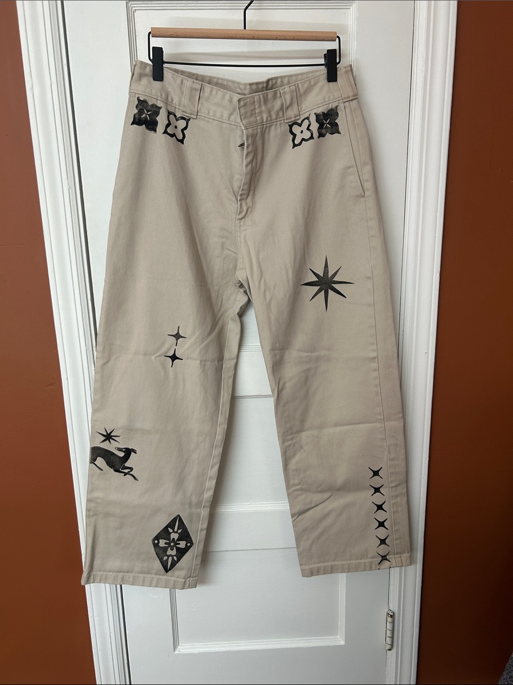 Upcycled Dickies Chinos with Black Block Printed Graphic Accents